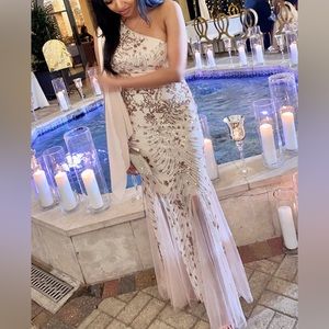Sequin one shoulder mermaid hem mesh bridesmaids dress- worn once for wedding!